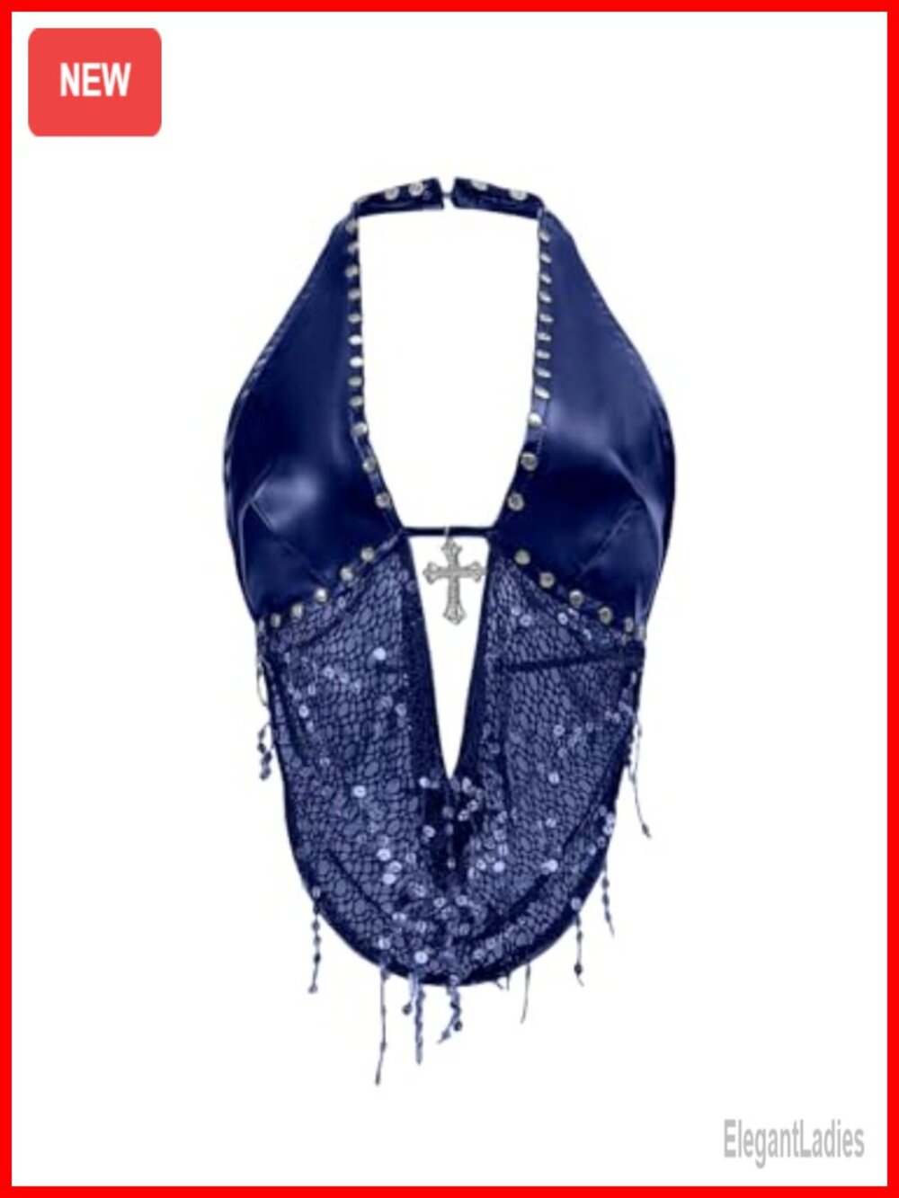 Women's Y2k Rave Sparkly Halter Crop Top PU Leather